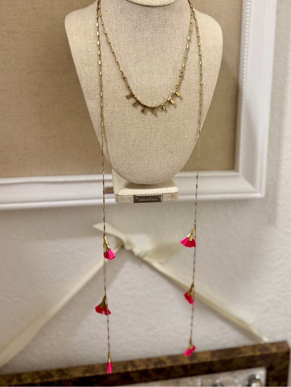 Stella & Dot Taj Lariat Gold Layered Necklace with Pink Tassels - Retired